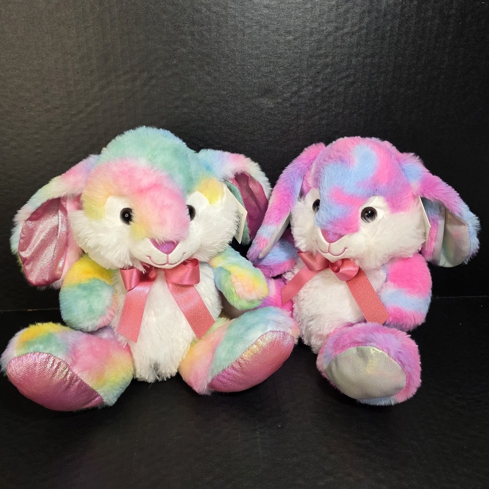 Hug‎ Fun Tie Dye Bunny Rabbit Plush Lot Of 2 Easter Stuffed Animals 9.5in NEW